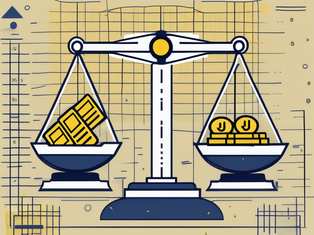A balanced scale with one side holding a calculator symbolizing calculations and the other side holding a dollar sign symbolizing sales