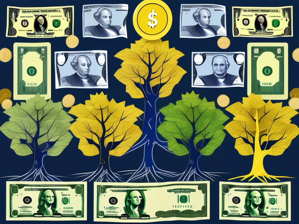 A growing tree with different types of currency notes as leaves