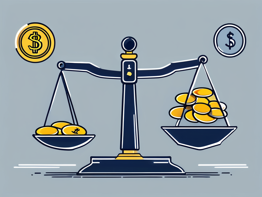 A balance scale with a pile of coins on one side representing revenue