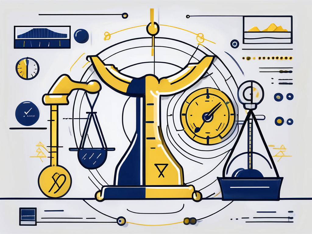 A balanced scale with the nps formula elements on one side and various economic symbols on the other